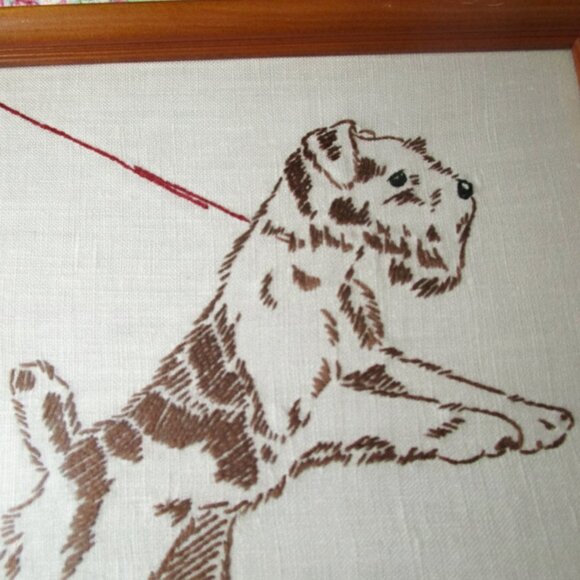 1940s-50s Vintage Framed Terrier Needlepoint Art Wire Fox Terrier Dog Embroidery - Picture 3 of 10